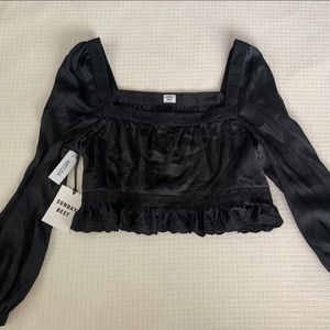 Aritzia Sunday Best, long sleeve silk top with lace trim. Size S, never warn